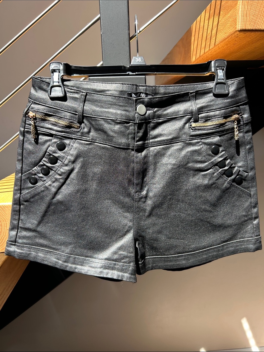High-Waist Black Women's Shorts with Zip Pockets and Button Detail